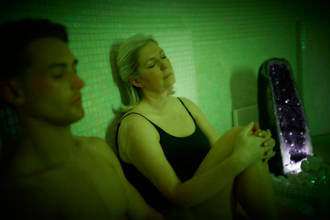 Mum and son in the alpine steam